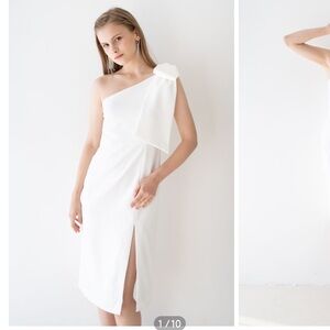 White Chic Wish Bow Strap Oblique Slit Shift Dress